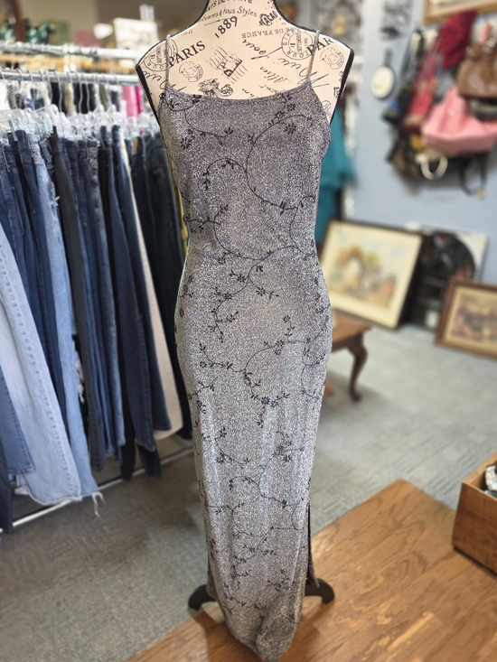 Dresses & Skirts - Vintage Y2K Rocket Candy Silver Sparkle Slip Prom Dress Black Floral Pattern